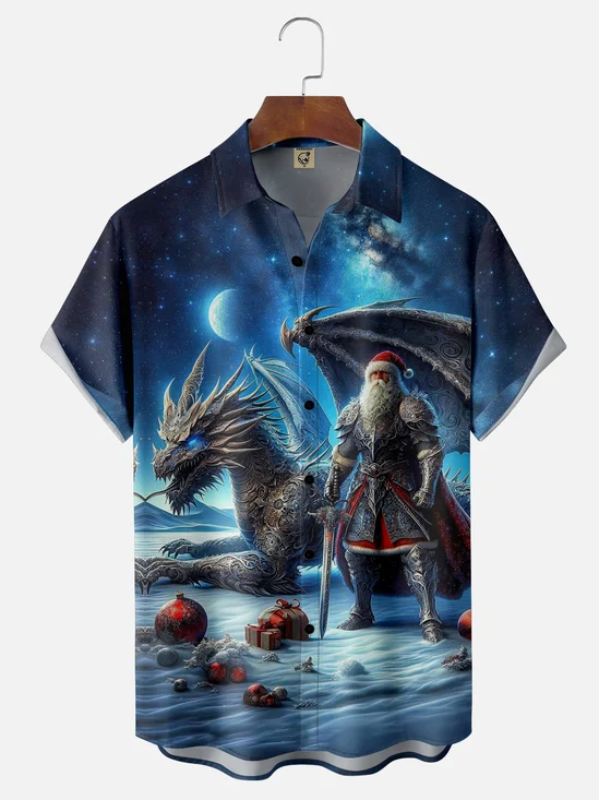 Moisture-wicking Christmas Santa Dragon Chest Pocket Casual Shirt