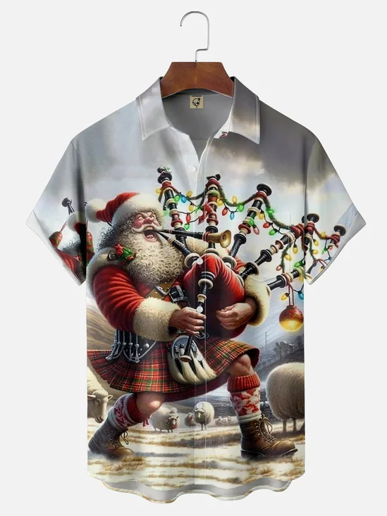 Moisture-wicking Scottish-style Santa Claus Chest Pocket Hawaiian Shirt