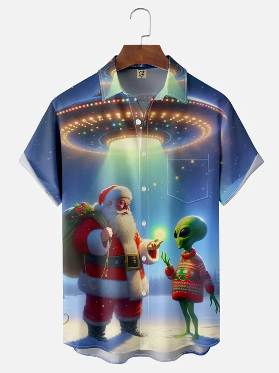 Moisture Wicking Christmas Santa Alien Chest Pocket Hawaiian Shirt