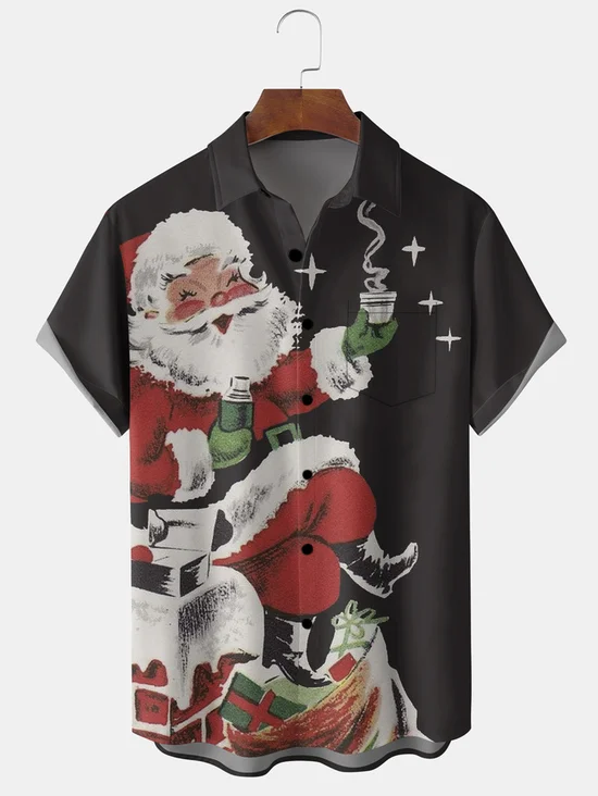 Men's Santa Print Casual Breathable Short Sleeve Shirt