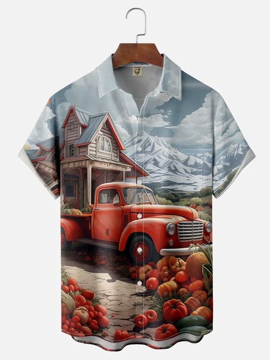 Moisture-wicking Thanksgiving Car Pumpkin Chest Pocket Casual Shirt