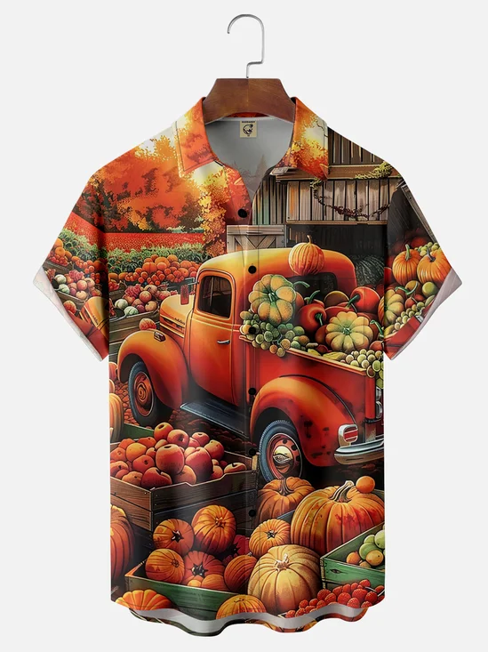 Moisture-wicking Thanksgiving Car Pumpkin Chest Pocket Casual Shirt