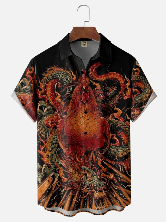 Moisture-wicking Rooster Dragon Chest Pocket Casual Shirt