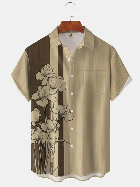 Moisture Wicking Geometric Floral Chest Pocket Hawaiian Shirt