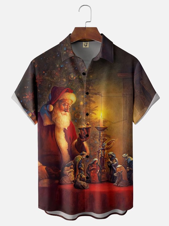 Moisture Wicking Christmas Santa Chest Pocket Hawaiian Shirt