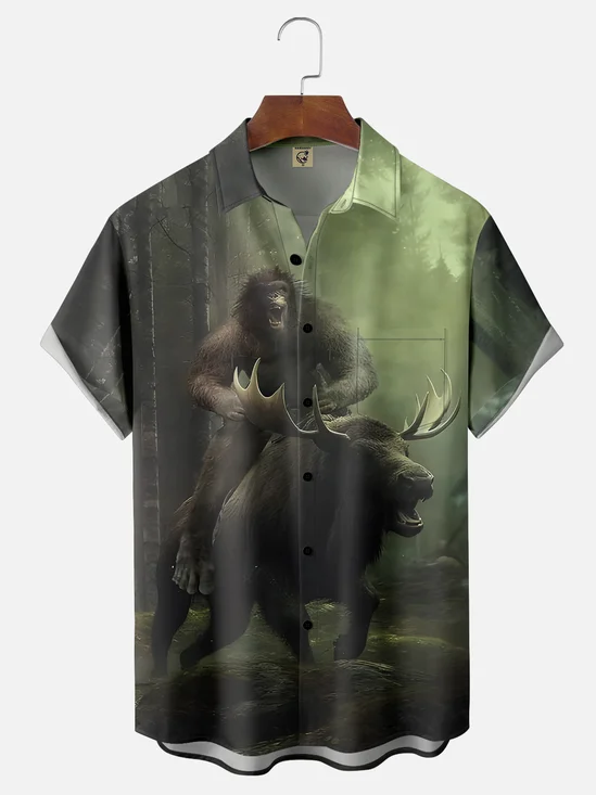 Moisture-wicking Bigfoot Riding A Reindeer Chest Pocket Hawaiian Shirt