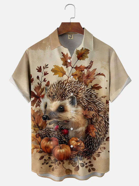 Moisture-wicking Thanksgiving Hedgehog Pumpkin Chest Pocket Hawaiian Shirt