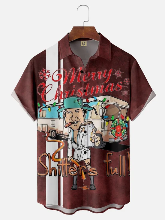 Tall Size Moisture-wicking Christmas Vintage Illustration Chest Pocket Bowling Shirt