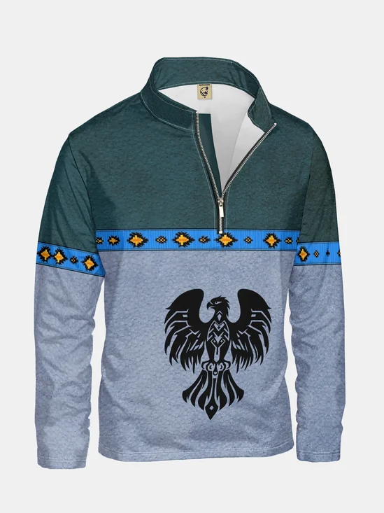 Artistic Painting Eagle Two-color Stitching Half-zip Pullover Sweatshirt