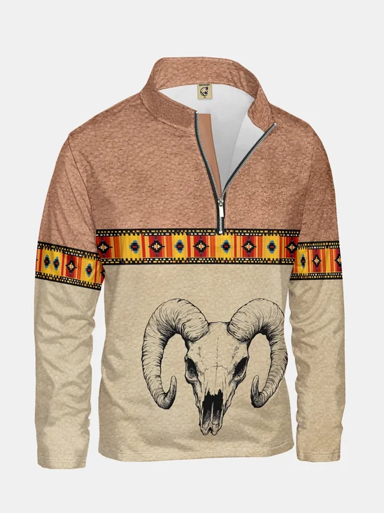 Artistic Painting Sheep Head Two-color Stitching Half-zip Pullover Sweatshirt