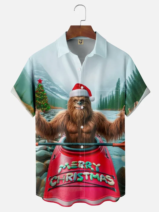 Moisture-wicking Christmas Bigfoot Rowboat Chest Pocket Hawaiian Shirt
