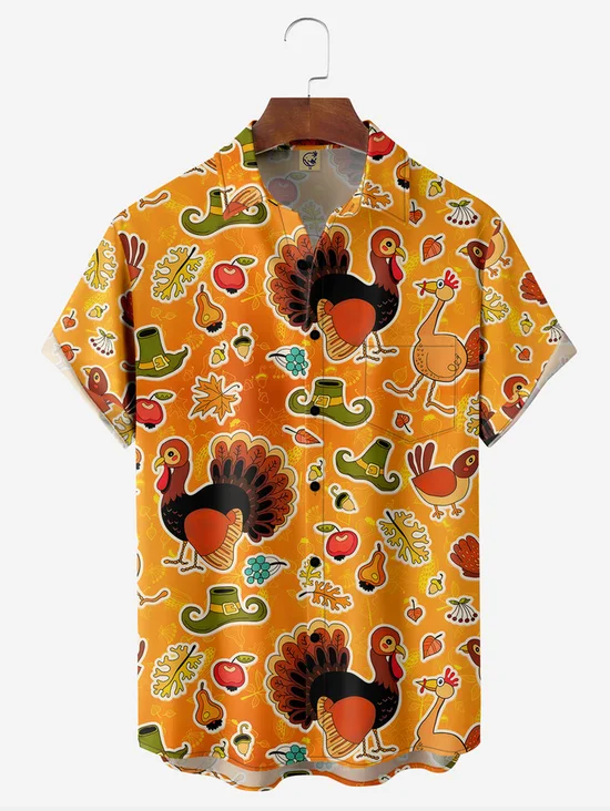 Tall Size Moisture-wicking Thanksgiving Turkeys Chest Pocket Casual Shirt