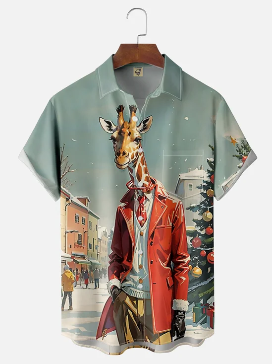 Moisture-wicking Christmas Tree Giraffe Pocket Casual Shirt