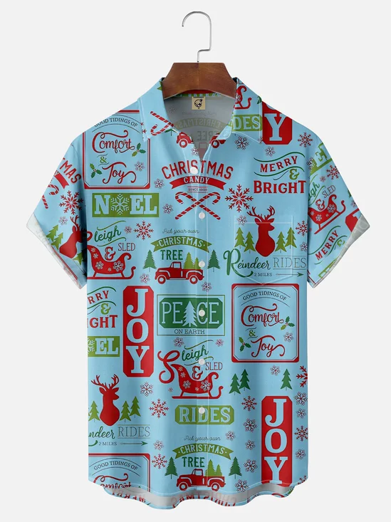 Moisture-wicking Christmas Text Letters Sleigh Elk Car Pocket Casual Shirt