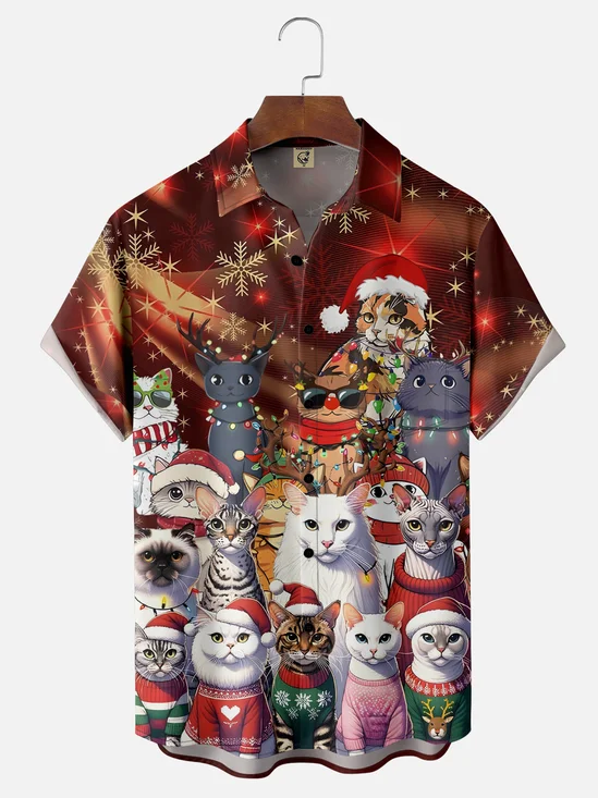 Moisture-wicking Christmas Santa Hat Cat Pocket Casual Shirt
