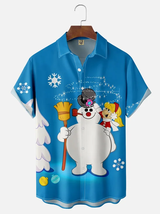 Moisture-wicking Christmas Snowman Chest Pocket Casual Shirt