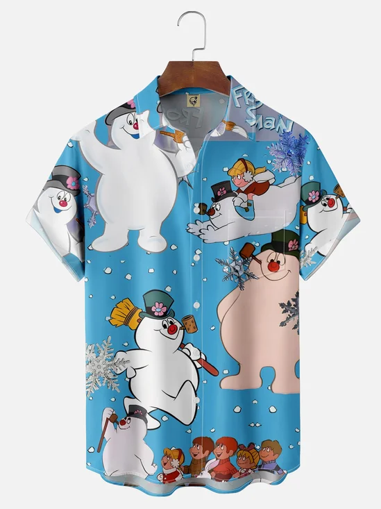 Moisture-wicking Christmas Snowman Chest Pocket Casual Shirt