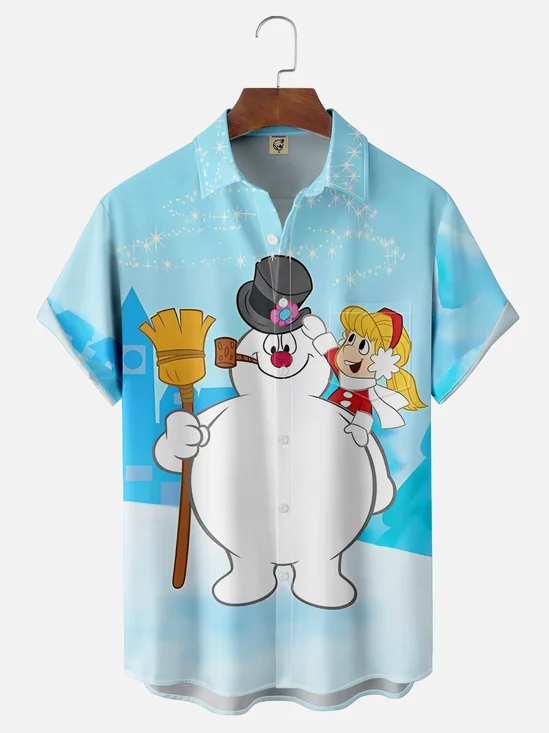 Moisture-wicking Christmas Snowman Chest Pocket Casual Shirt