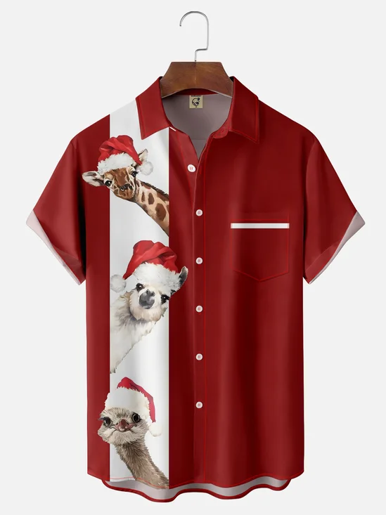 Moisture-wicking Christmas Santa Hat Giraffe Alpaca Ostrich Chest Pocket Bowling Shirt