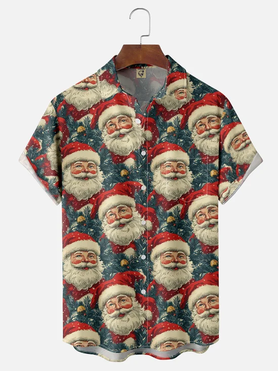Moisture Wicking Christmas Santa Claus Chest Pocket Hawaiian Shirt