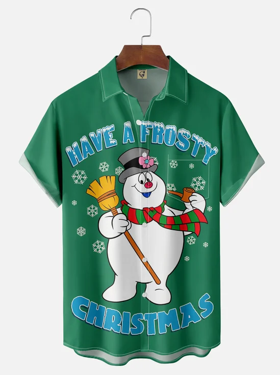 Moisture-wicking Christmas Snowman Chest Pocket Casual Shirt