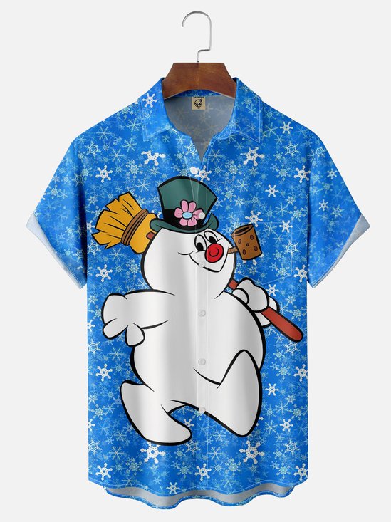 Moisture-wicking Christmas Snowman Chest Pocket Casual Shirt