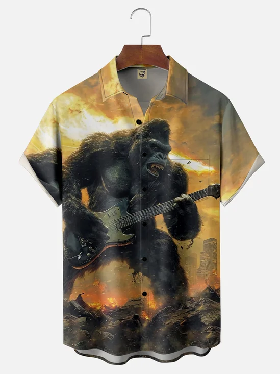 Moisture-wicking Music Bigfoot Guitar Chest Pocket Hawaiian Shirt