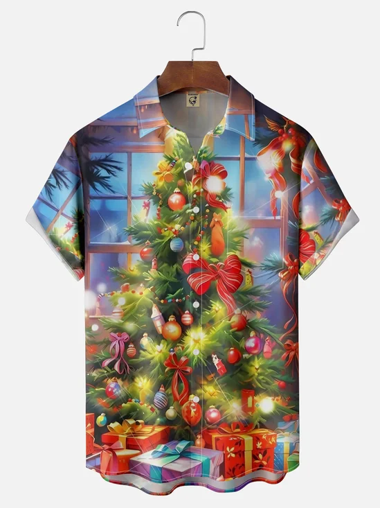 Moisture-wicking Christmas Tree Gift Chest Pocket Casual Shirt