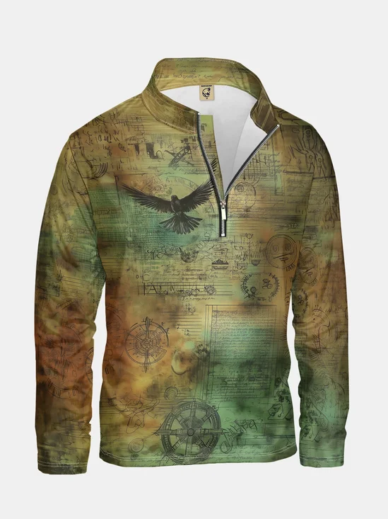 Vintage Map Print Half-zip Pullover Sweatshirt