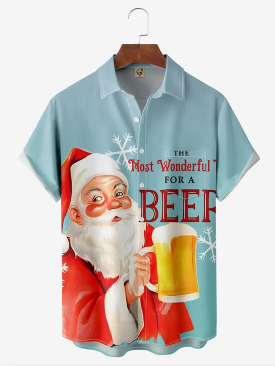 Tall Size Moisture-wicking Christmas Santa Beer Chest Pocket Hawaiian Shirt
