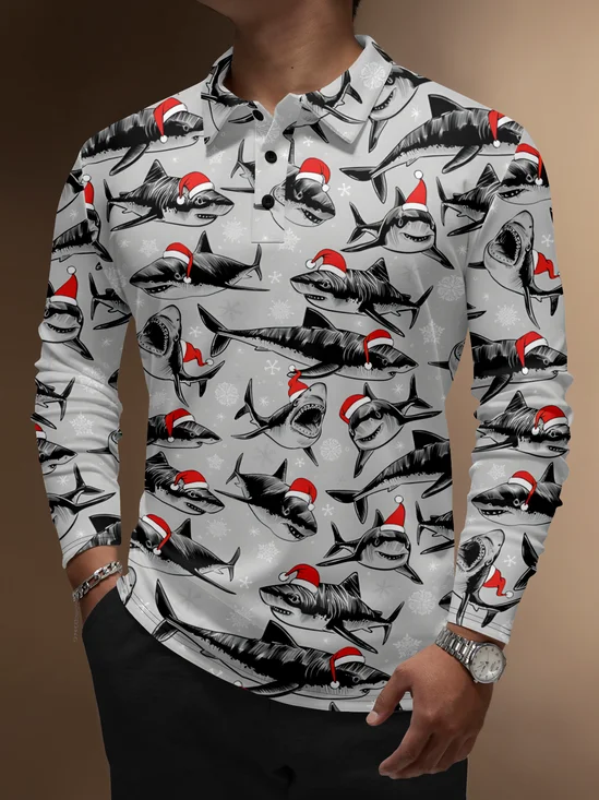 Moisture Wicking Christmas Shark Santa Hat Snowflakes Golf Polo