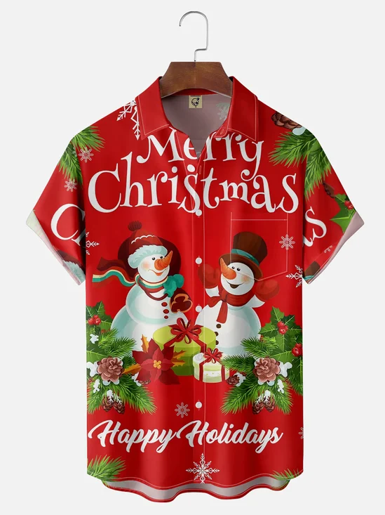 Moisture Wicking Christmas Snowman Chest Pocket Casual Shirt