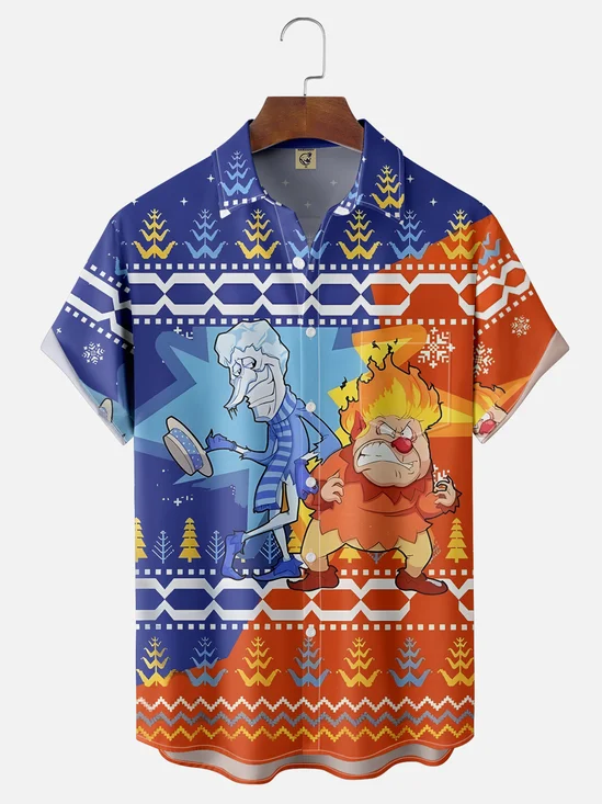 Moisture-wicking Christmas Santa Claus Cartoon Chest Pocket Casual Shirt