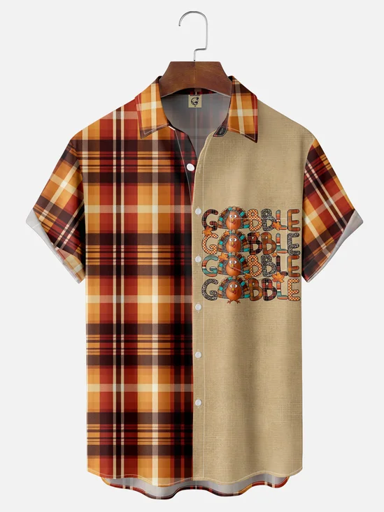 Moisture-wicking Thanksgiving Plaid and Turkey GOBBLE Chest Pocket Hawaiian Shirt