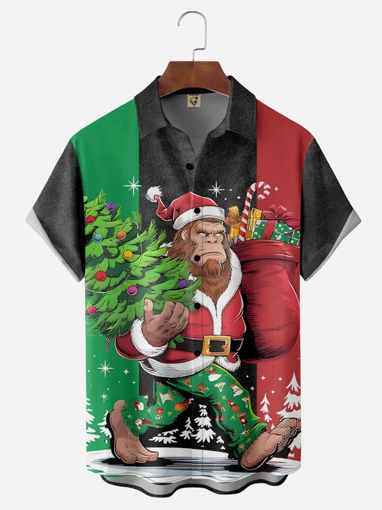 Moisture-wicking Christmas Bigfoot Christmas Tree Chest Pocket Bowling Shirt