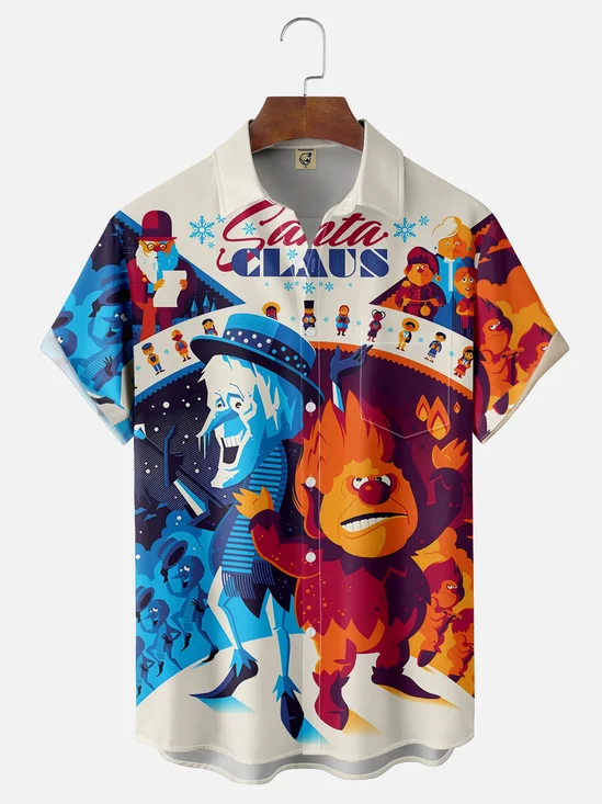 Tall Size Moisture-wicking Christmas Santa Claus Cartoon Chest Pocket Casual Shirt