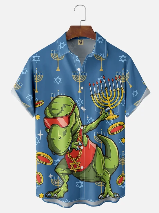 Moisture-wicking Skull and Hanukkah Chest Pocket Hawaiian Shirt