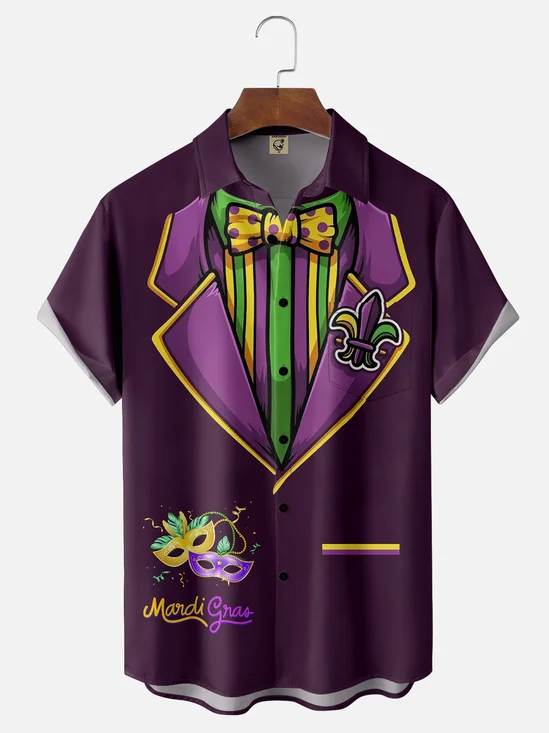 Moisture-wicking Mardi Gras Mask Carnival Chest Pocket Casual Shirt