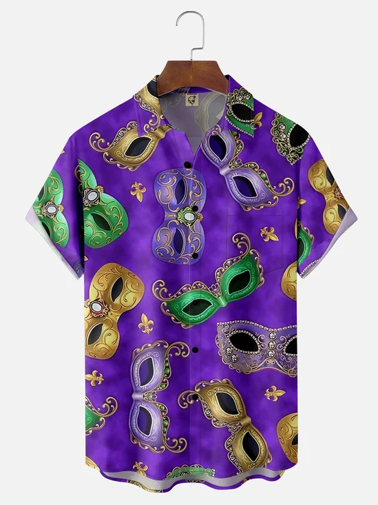 Moisture-wicking Mardi Gras Celebration Mask Chest Pocket Holiday Shirt