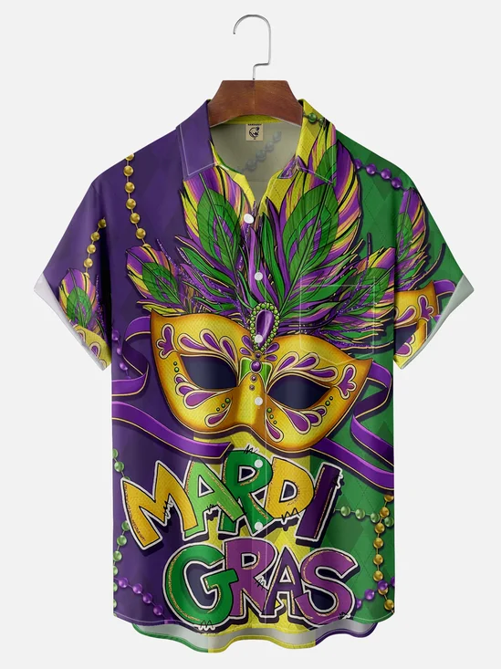 Moisture Wicking Mardi Gras Mask Chest Pocket Casual Shirt