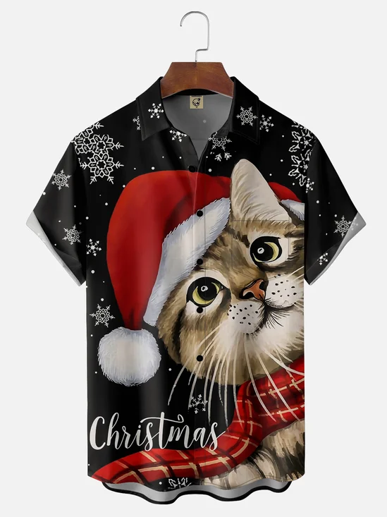 Moisture-wicking Christmas Cat Chest Pocket Casual Shirt