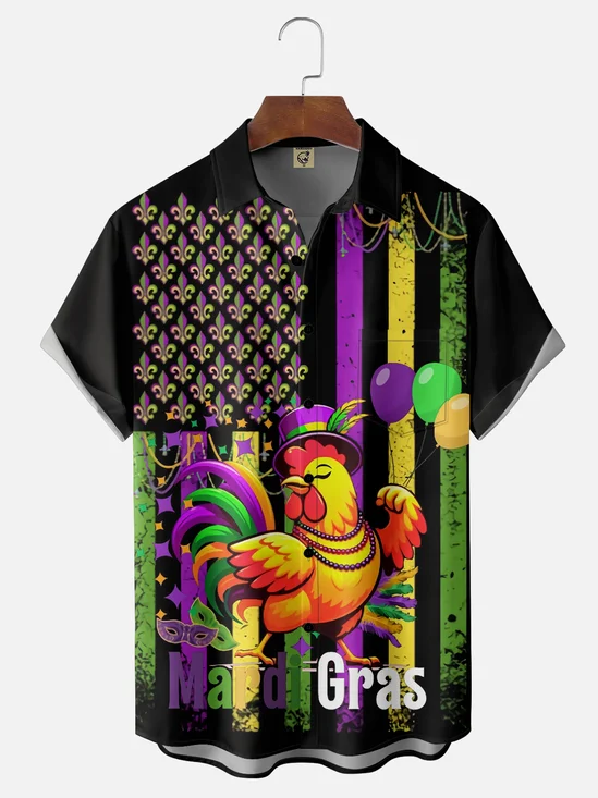 Moisture Wicking Mardi Gras Mask Beaded Chest Pocket Casual Shirt
