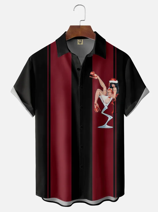 Moisture Wicking Christmas Wine Glass Beauty Chest Pocket Bowling Shirt
