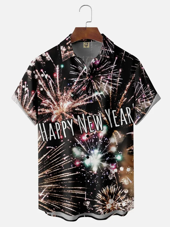Moisture-wicking New Year Celebration Chest Pocket Casual Shirt