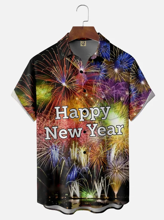 Moisture-wicking Happy New Year Chest Pocket Casual Shirt