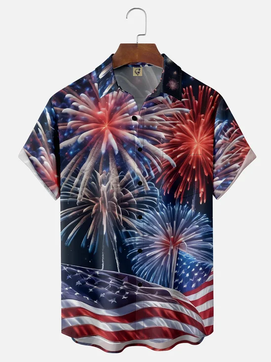 Moisture-wicking New Year American Flag Chest Pocket Casual Shirt