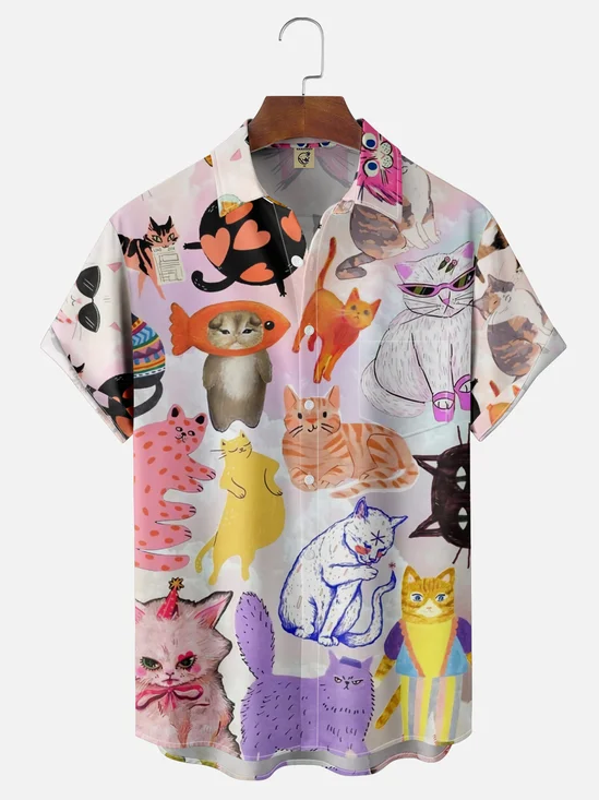 Moisture-wicking Funky Cats Chest Pocket Casual Shirt