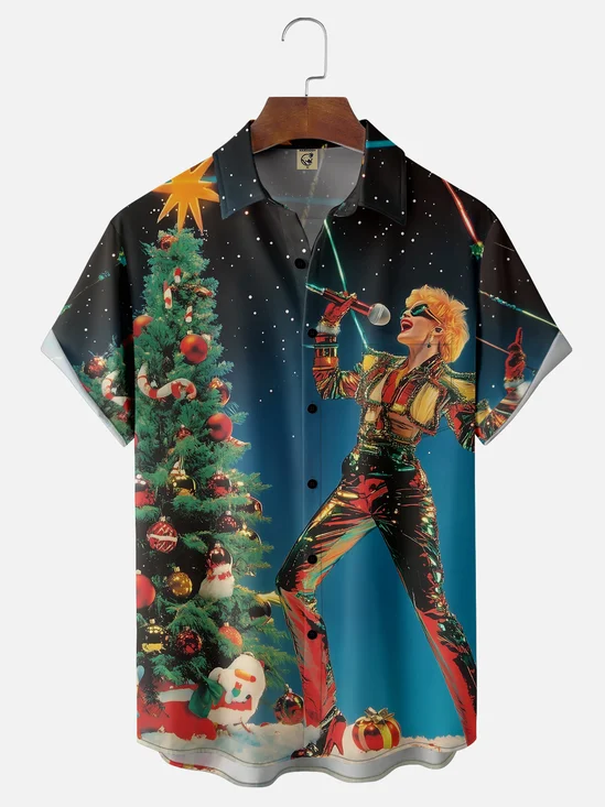 Moisture wicking Christmas Karaoke Girl Chest Pocket Casual Shirt