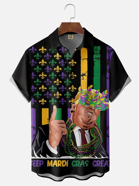 Moisture Wicking Mardi Gras Trump Chest Pocket Casual Shirt