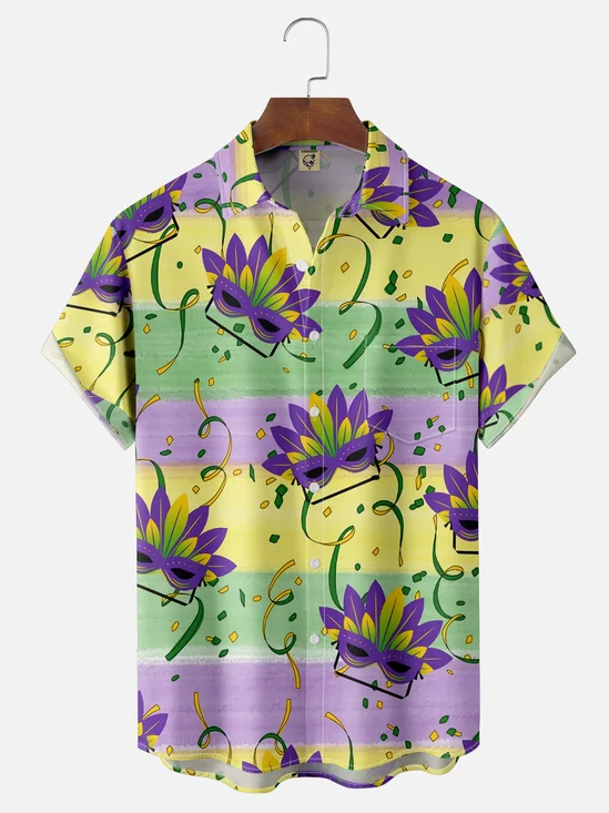 Mens Mardi Gras Carnival Masks Print Casual Breathable Short Sleeve Hawaiian Shirts